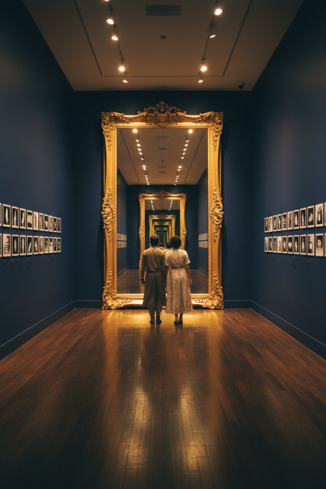 A couple before an infinite recursive gold mirror
