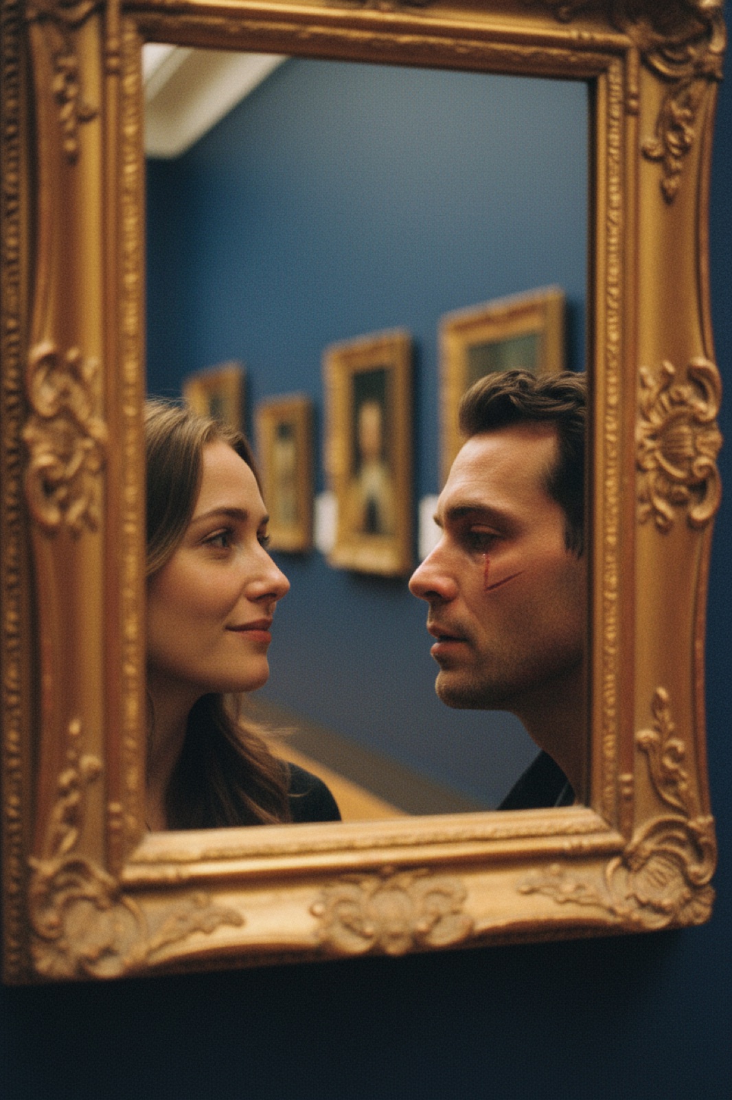 The reflection within the foyer mirror — the couple seen clearly