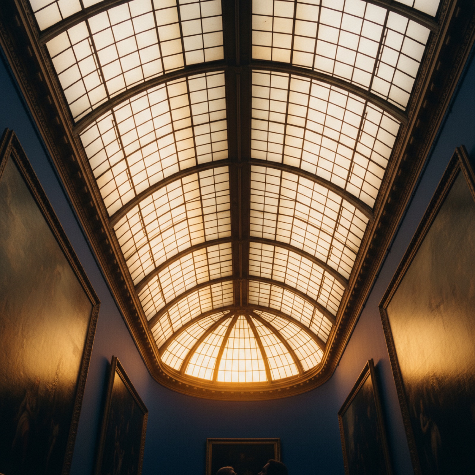 A vaulted skylight pouring warm light into a dark gallery room