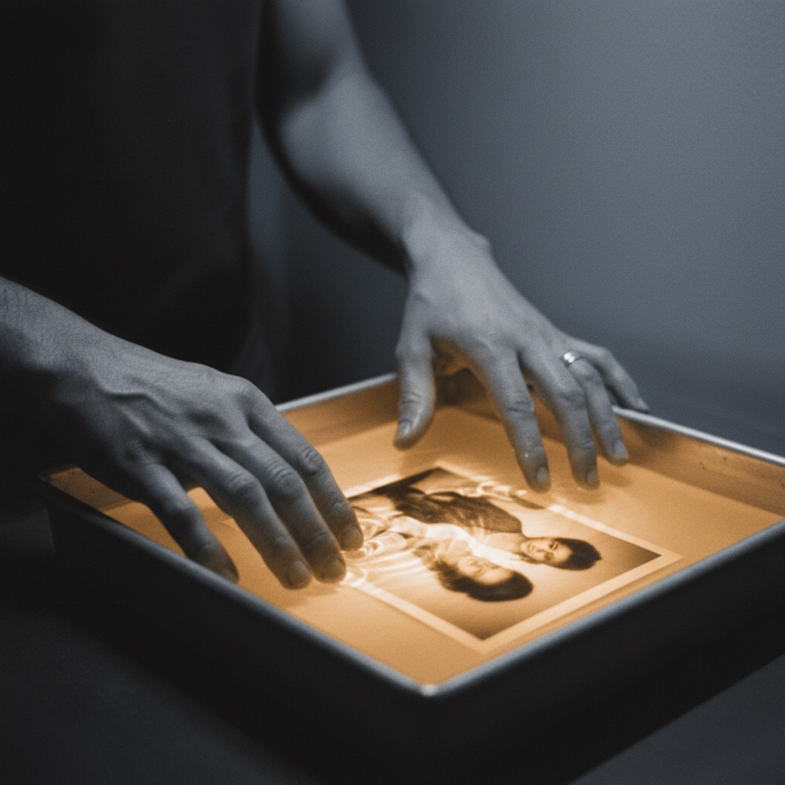 Hands lowering a print into a darkroom developer bath