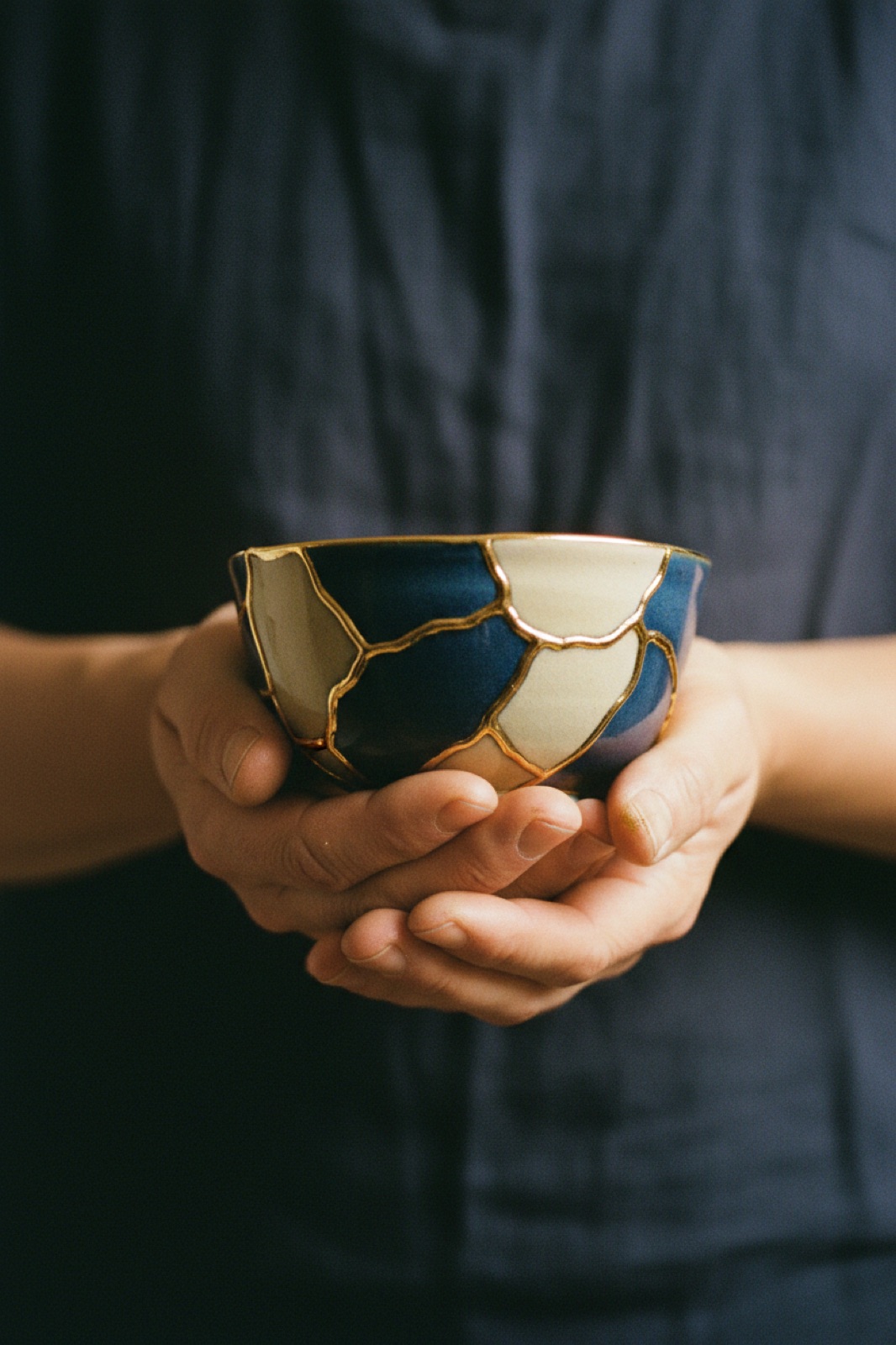 The gold-repaired heart held in open hands, offered outward