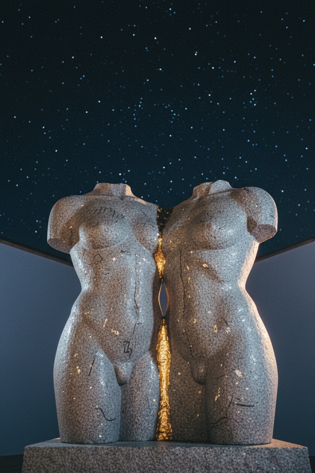 Two stone torsos joined by a molten gold seam beneath a field of stars