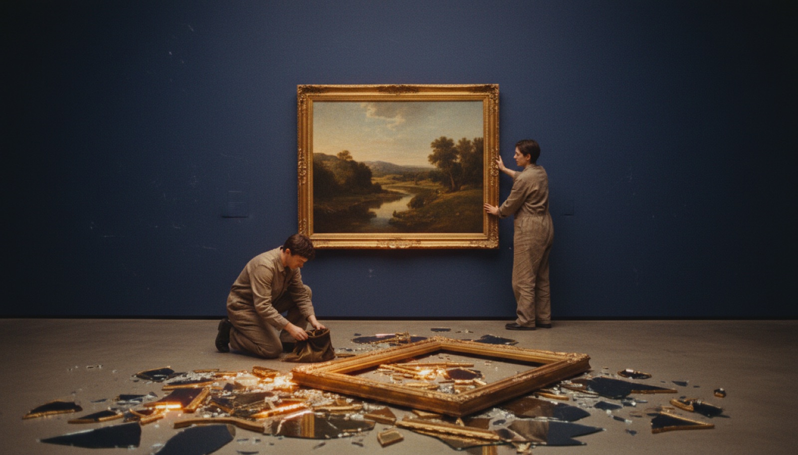 A shattered gilded frame on the gallery floor, one partner kneeling in the shards