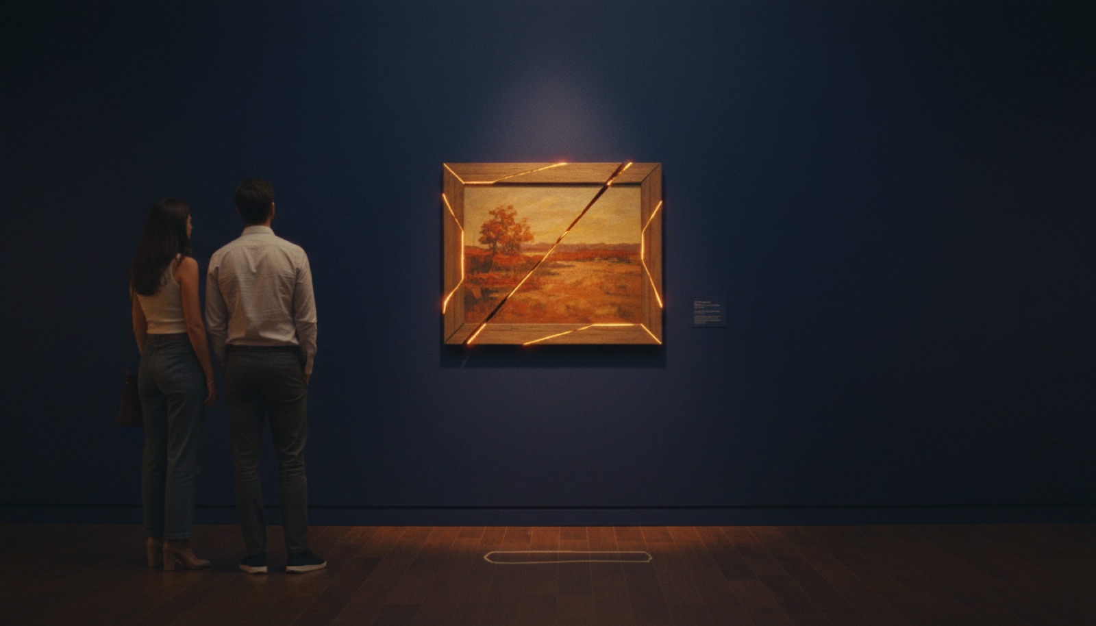 The same frame rehung on the gallery wall, its cracks seamed in gold