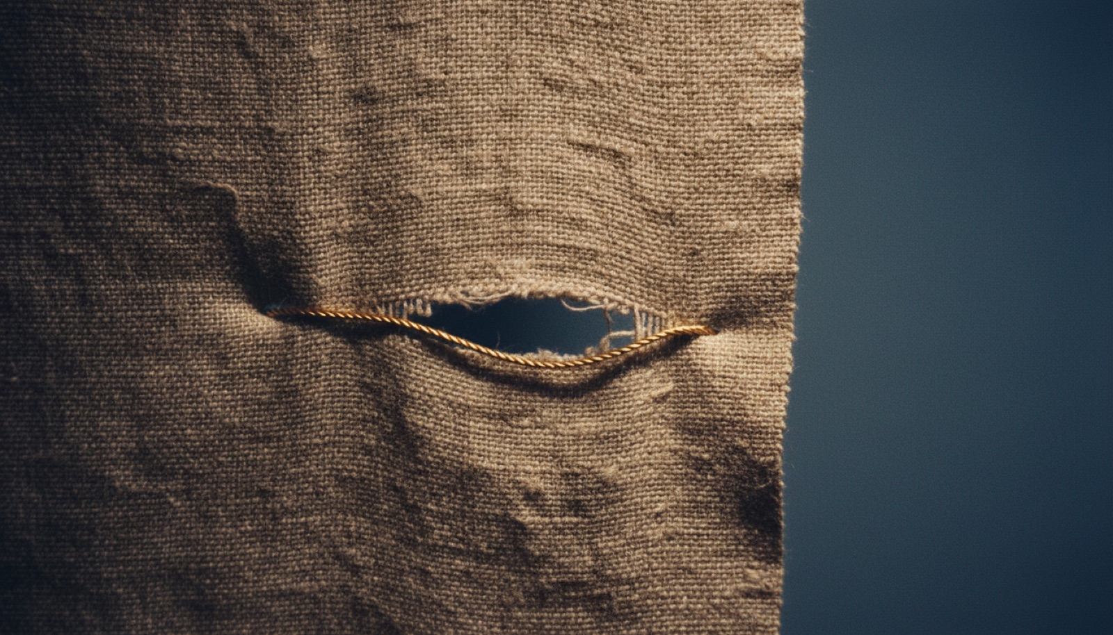 A needle of gold thread mid-stitch through raw canvas